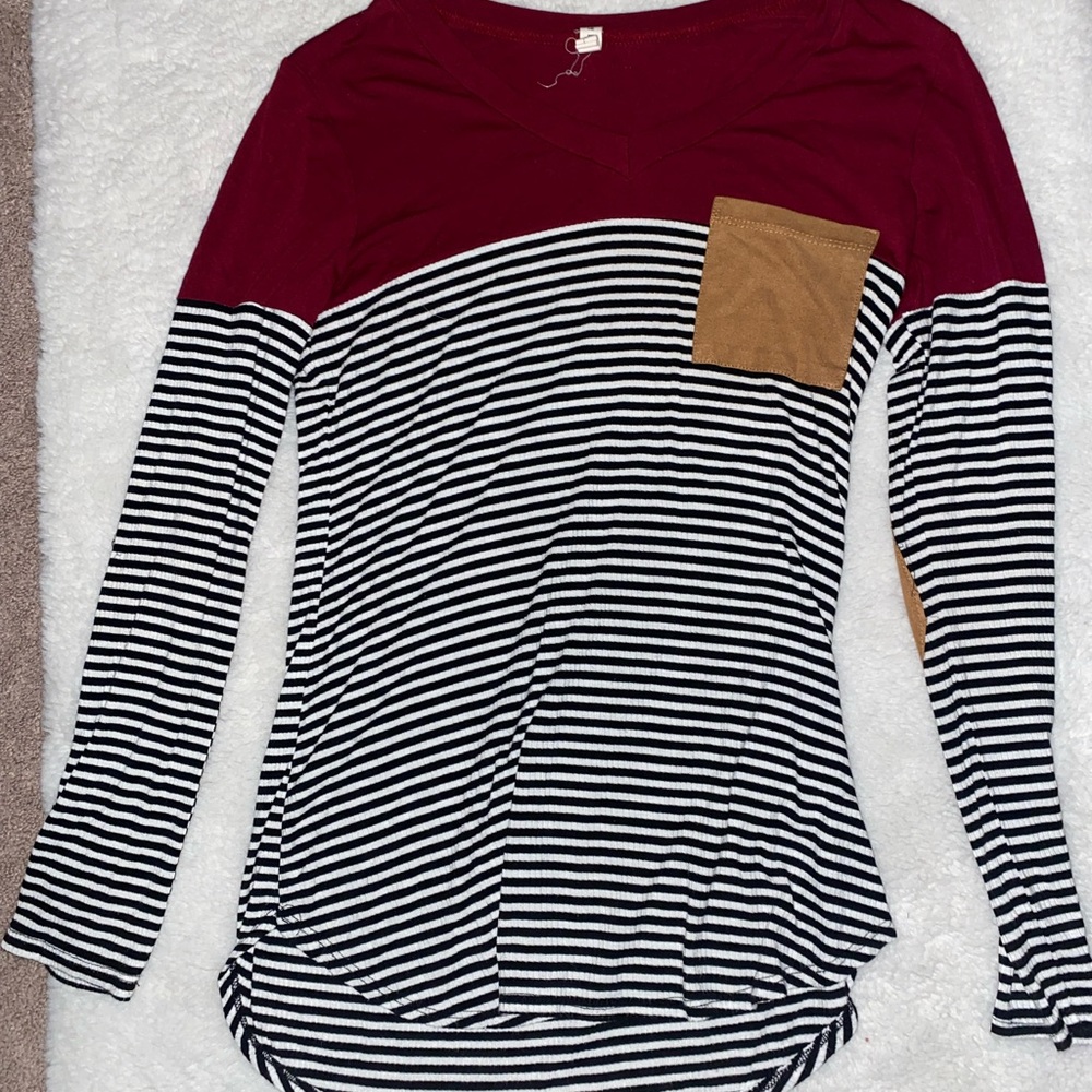 long sleeve burgundy and stripped shirt